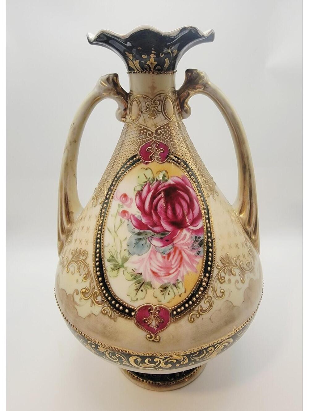 Hand-painted Nippon Gilt Moriage Porcelain Vase Pink Peony